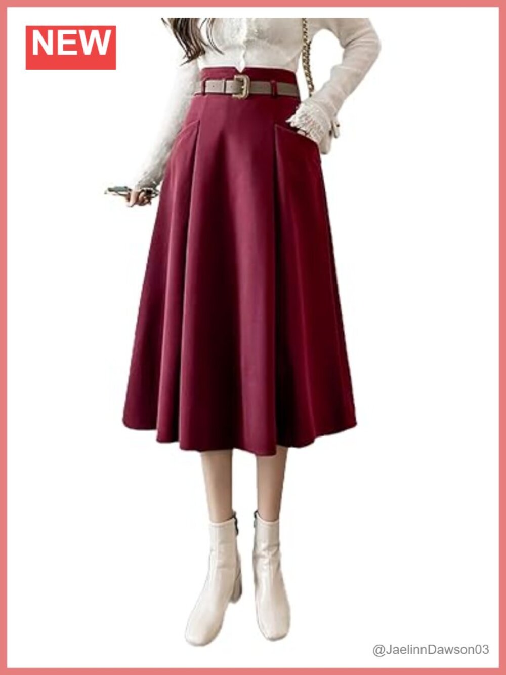 Wool Blend High Waisted A-Line Pleated Midi Skirt with Belt